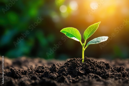 Fresh Green Seedling Emerging from Rich Soil Under Bright Sunlight in Nature's Garden