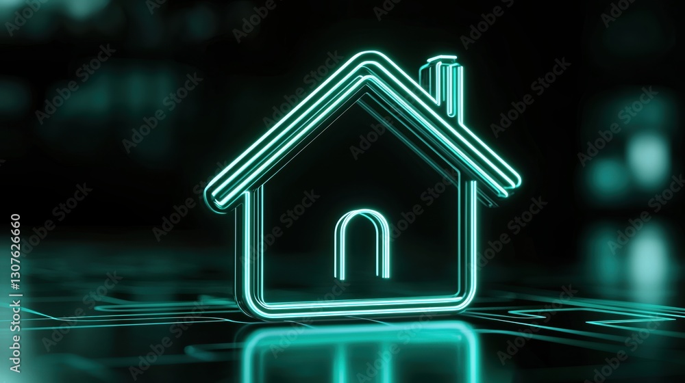 Green neon light home icon shines brightly on a high-tech floor against a black background Green neon light home icon shines brightly on a high-tech floor against a black background