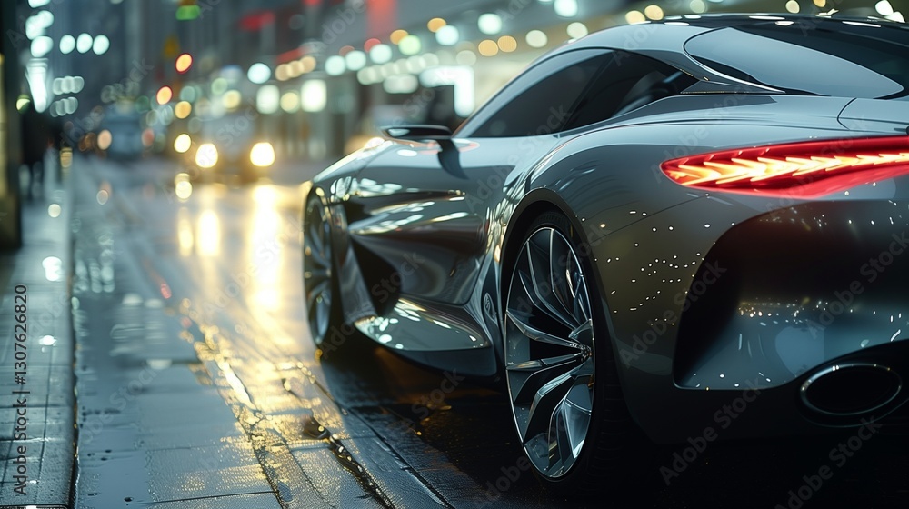 A sleek futuristic car parked on a wet city street reflecting vibrant lights and a bustling urban nightlife atmosphere A sleek futuristic car parked on a wet city street reflecting vibrant lights and a bustling urban nightlife atmosphere