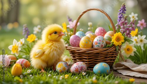 A bright Easter scene with a fluffy chicken on the green grass next to a basket full of colored eggs and surrounded by pastel flowers. Cheerful and festive mood!