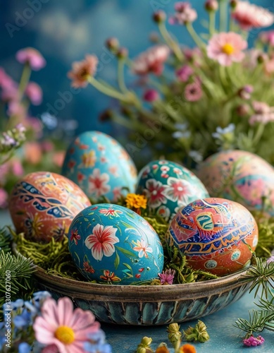 colorful easter eggs in a basket