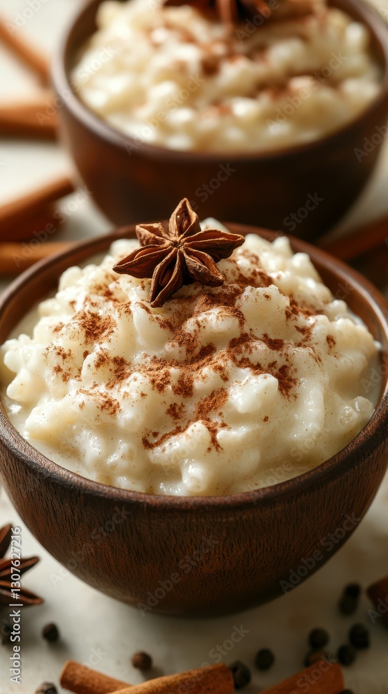Creamy rice pudding topped with spices and a star anise in rustic wooden bowls Creamy rice pudding topped with spices and a star anise in rustic wooden bowls
