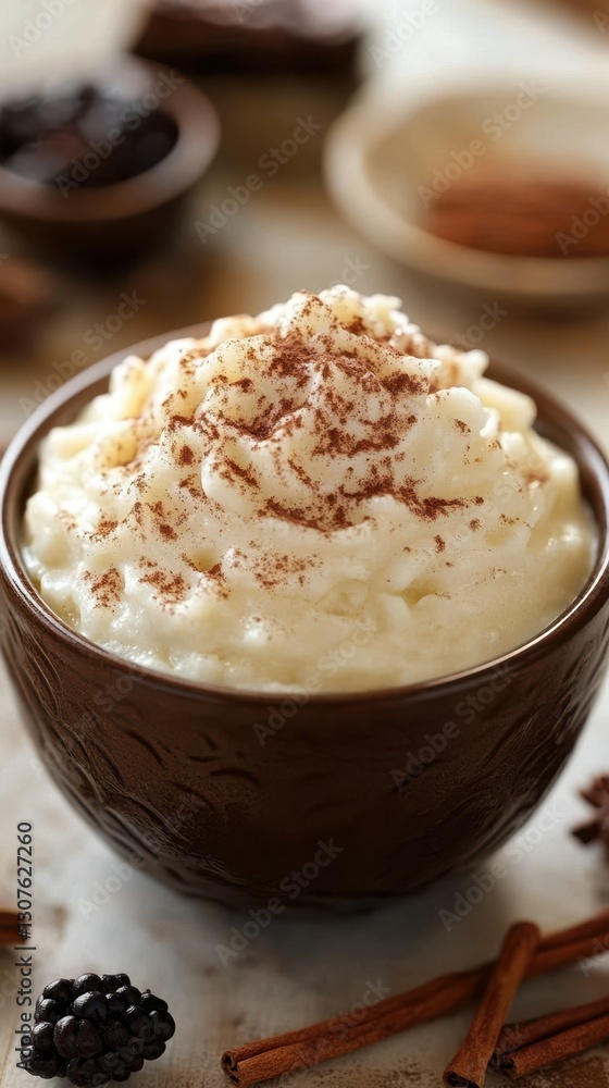 Creamy rice pudding topped with cinnamon and served in a rustic bowl on a wooden table Creamy rice pudding topped with cinnamon and served in a rustic bowl on a wooden table