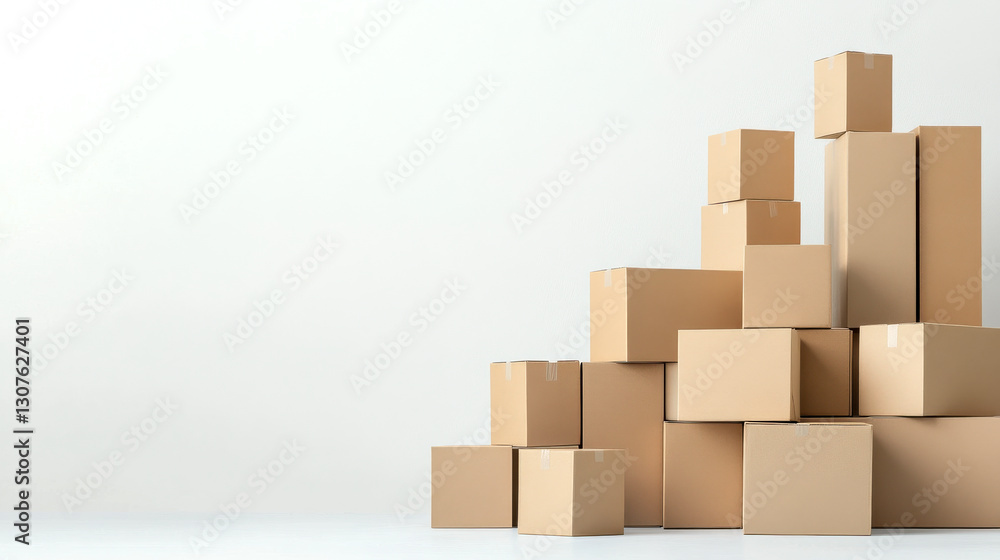 A stack of various-sized cardboard boxes arranged on a light background, suggesting storage, shipping, or packaging solutions. A stack of various-sized cardboard boxes arranged on a light background, suggesting storage, shipping, or packaging solutions.