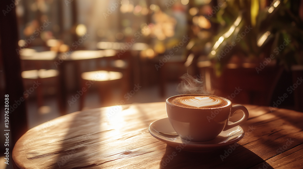 Steaming hot cappuccino with perfect latte art, served on a wooden table with a blurred cozy cafe interior in the background, soft morning lighting Steaming hot cappuccino with perfect latte art, served on a wooden table with a blurred cozy cafe interior in the background, soft morning lighting