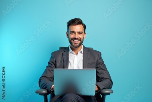 Man is sitting in chair with laptop on his lap