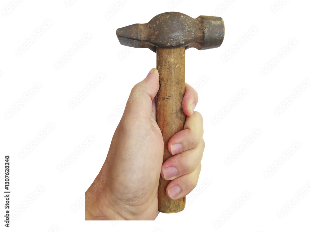 Closeup of a hand firmly gripping a weathered claw hammer. The image evokes themes of craftsmanship, hard work, and construction. Closeup of a hand firmly gripping a weathered claw hammer. The image evokes themes of craftsmanship, hard work, and construction.