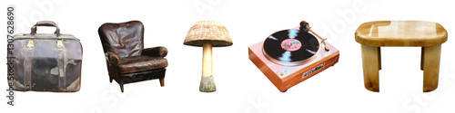 Vintage leather chair and mushroom table with record player and suitcase set isolated on transparent background