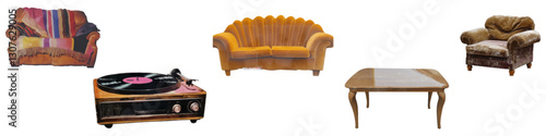 Vintage furniture and record player set with retro couches and table vintage element set isolated on transparent background