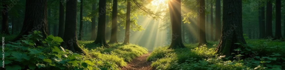 Fototapeta premium Dense forest with tall trees and sunlight filtering through, woods, foliage, trees