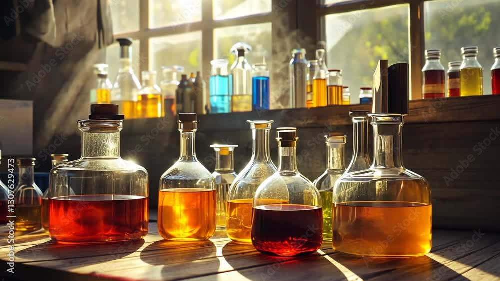Alchemist's Laboratory: A Sunlit Still Life of Glass Bottles Filled with Colorful Elixirs Alchemist's Laboratory: A Sunlit Still Life of Glass Bottles Filled with Colorful Elixirs