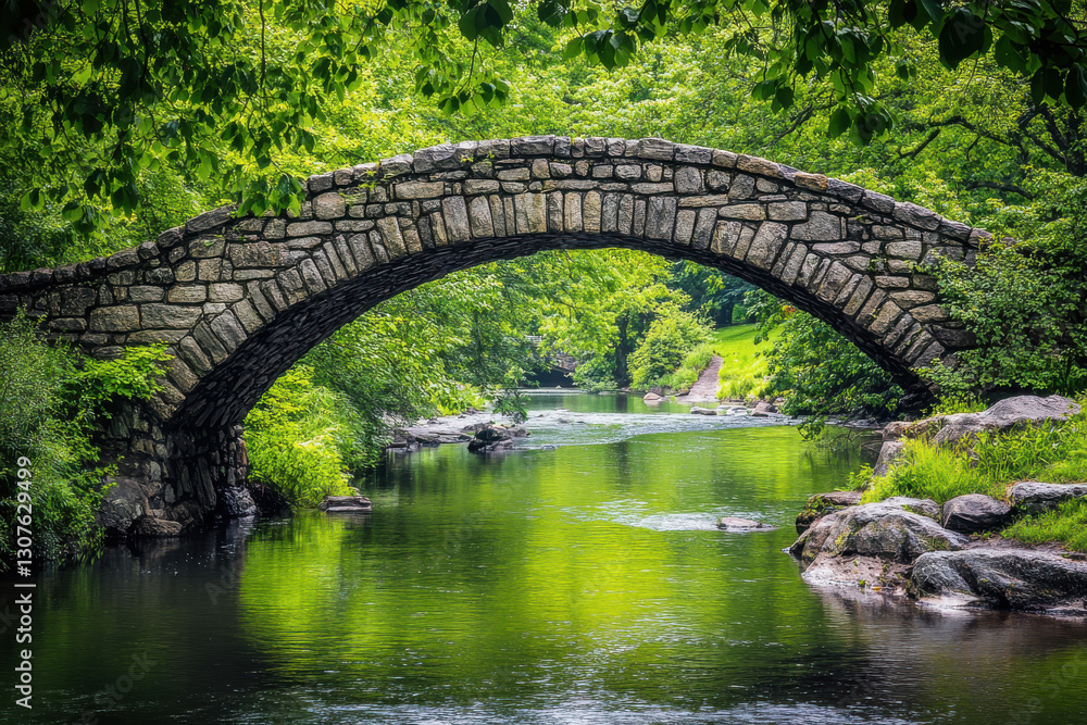 Traditional stone bridge over a tranquil river, timeless beauty Traditional stone bridge over a tranquil river, timeless beauty