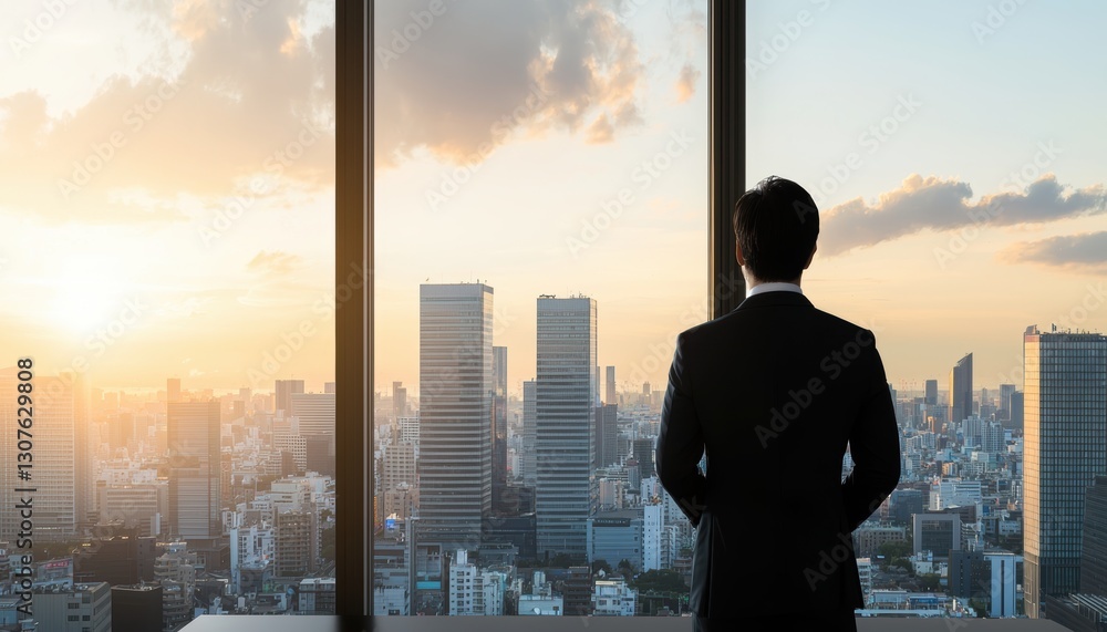Businessman gazing out a window at a city skyline, lost in thought in a quiet, reflective office moment, with a sleek desk and minimalist design nearby Businessman gazing out a window at a city skyline, lost in thought in a quiet, reflective office moment, with a sleek desk and minimalist design nearby