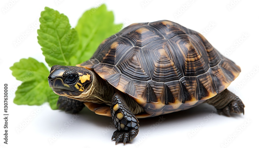 Obraz premium Small Turtle with Leaves on White