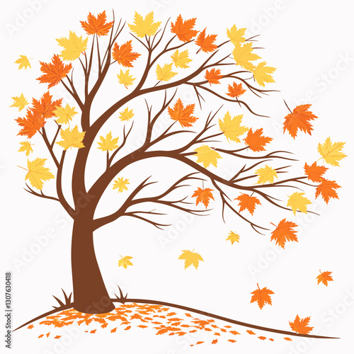 Autumn Tree with Falling Leaves – Seasonal Nature Illustration

