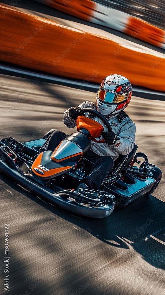 Professional go-kart racer in dynamic motion on racing track, captured with motion blur effect during high-speed turn, wearing orange and blue helmet and black racing suit Professional go-kart racer in dynamic motion on racing track, captured with motion blur effect during high-speed turn, wearing orange and blue helmet and black racing suit