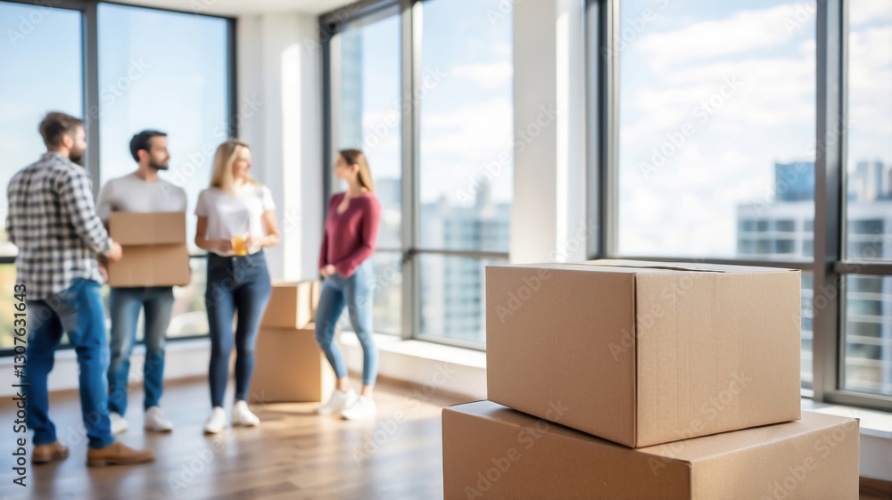 Several cardboard boxes are stacked in the foreground, while a group of friends is seen in the background, indicating a moving day Several cardboard boxes are stacked in the foreground, while a group of friends is seen in the background, indicating a moving day