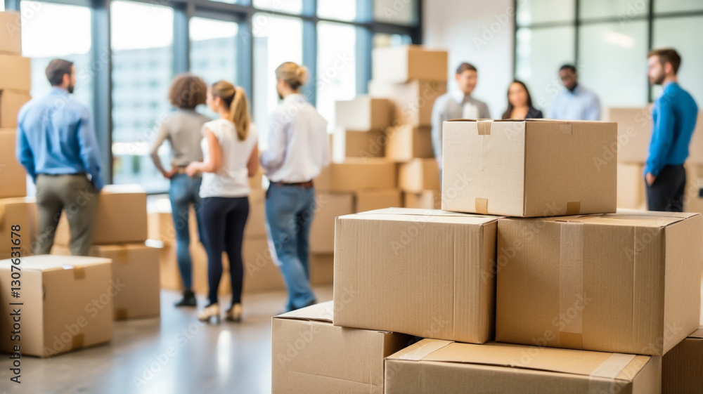 Moving into a modern office with team participation and carrying boxes Moving into a modern office with team participation and carrying boxes