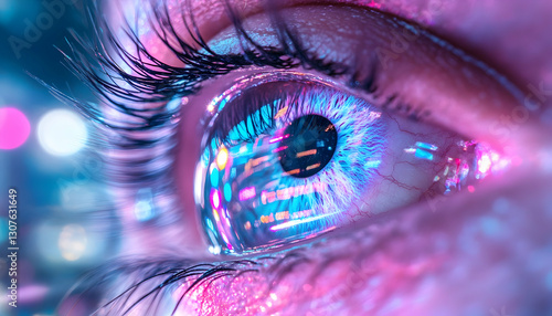 Close-up eye reflecting city lights; vibrant, artistic image ideal for tech or design projects