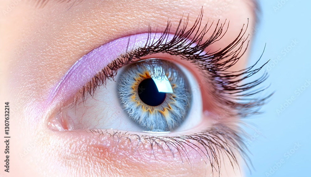 Fototapeta premium Close-up of a blue eye, gazing, light makeup, soft-focus background; ideal for ophthalmology or beauty