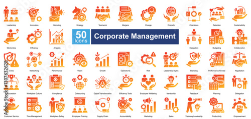 Corporate Management icon set in glyph gradient style, featuring 50 icons of leadership, strategy, teamwork, and performance. Perfect for business planning, HR, and organizational growth.