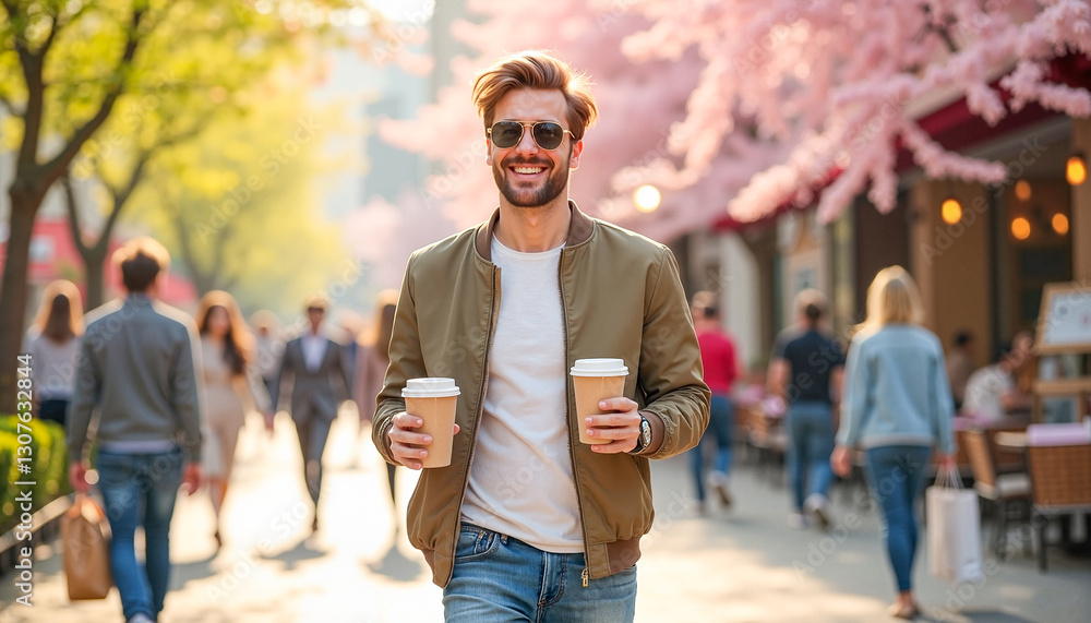 Stylish young man smiling with coffee cups while strolling through a vibrant spring city street with cherry blossoms, embodying a joyful lifestyle. Stylish young man smiling with coffee cups while strolling through a vibrant spring city street with cherry blossoms, embodying a joyful lifestyle.