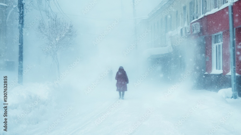 Fototapeta premium People braving a powerful blizzard in the city, surrounded by snow and strong winds, showcasing resilience and adaptation to extreme winter weather.