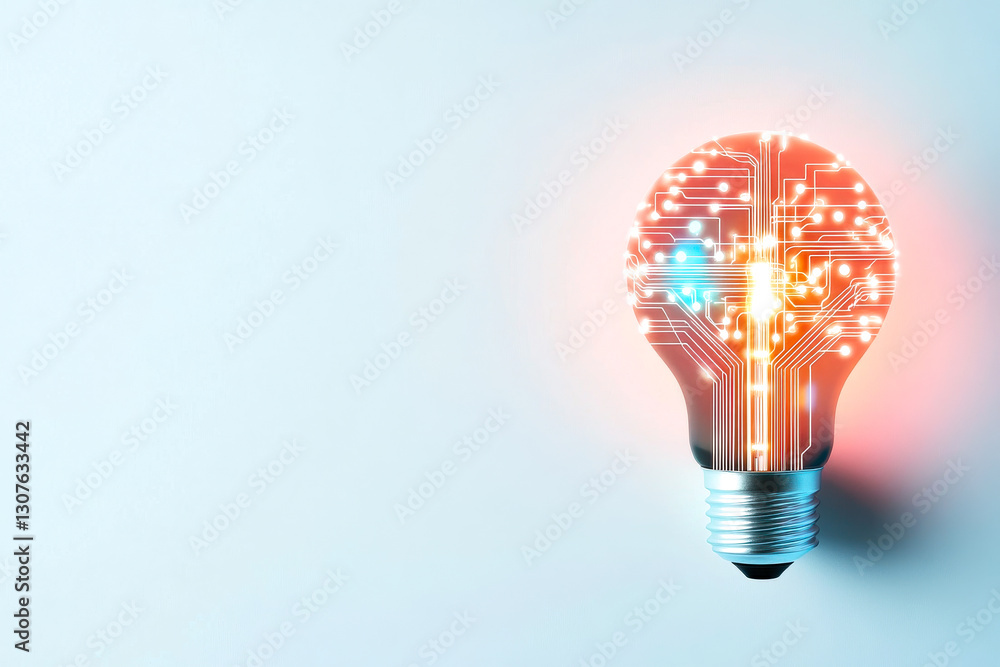 Fototapeta premium A glowing light bulb with intricate circuitry design represents innovation and technology on a clean background.