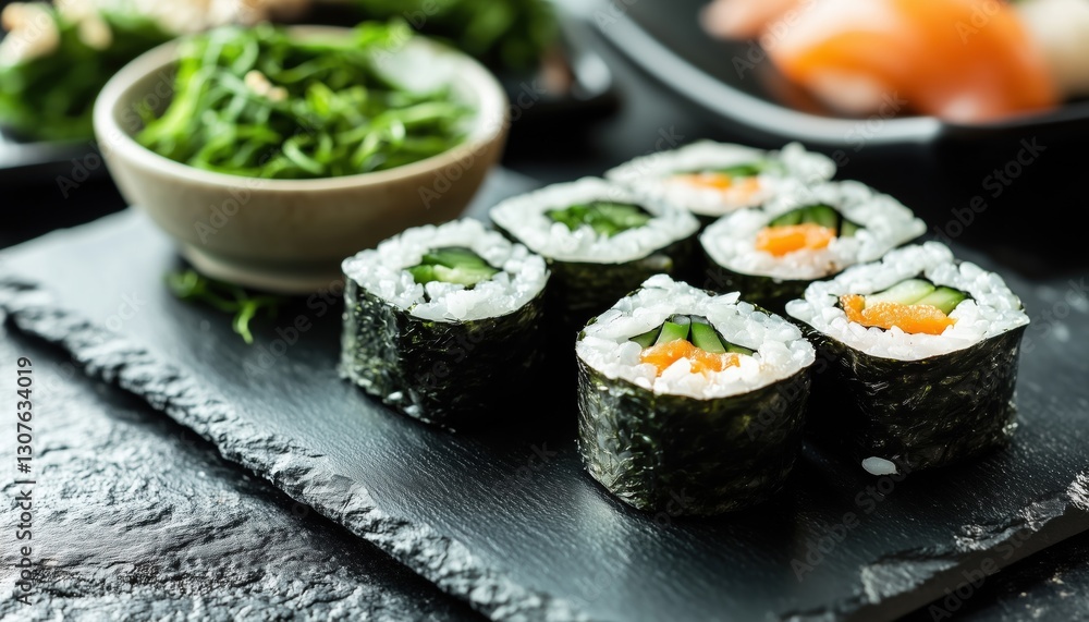Savory Sushi And Refreshing Green Seaweed Salad Served On A Sleek Slate Table, Perfect For A Delicious And Healthy Meal. Savory Sushi And Refreshing Green Seaweed Salad Served On A Sleek Slate Table, Perfect For A Delicious And Healthy Meal.