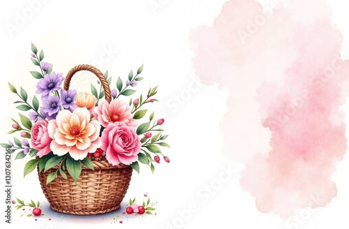 Bouquet of flowers in basket on textured light  background. Copy space.