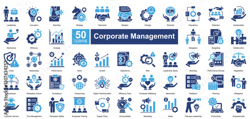 Corporate Management icon set in two color style, featuring 50 icons of leadership, strategy, teamwork, and performance. Perfect for business planning, HR, and organizational growth.