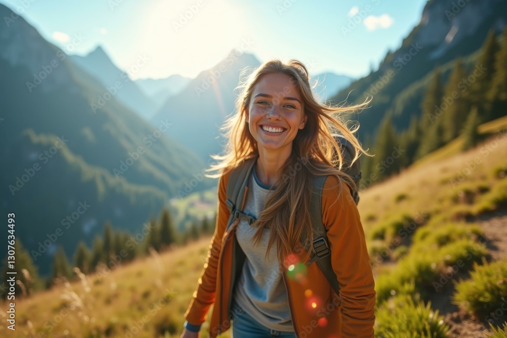 Woman is smiling while walking up hill in mountains Woman is smiling while walking up hill in mountains