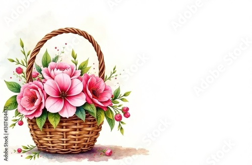 Bouquet of flowers in basket on white background. Copy space.