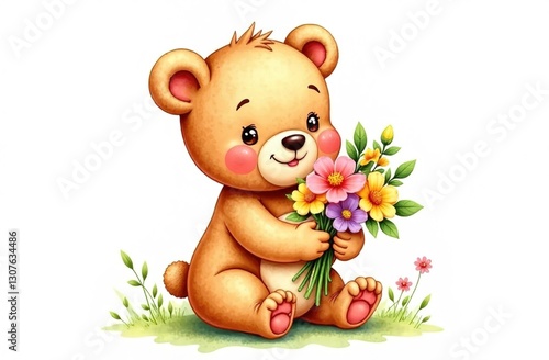 Teddy bear with flower om white background.