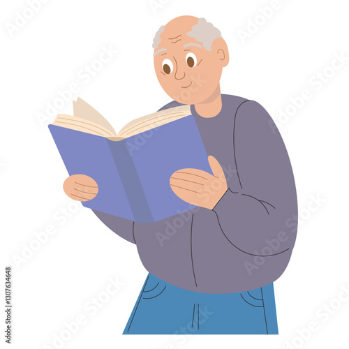 World Book Day. Time to read. Book club. Old, gray-haired Grandfather reads a book. Global education concept, study abroad, international schools. University education. Vector