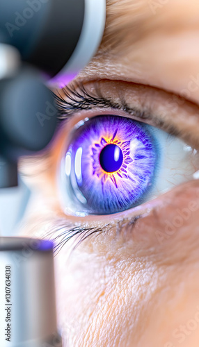 Close-up of eye exam; iridescent pupil; ophthalmic lens; medical; healthcare promotion