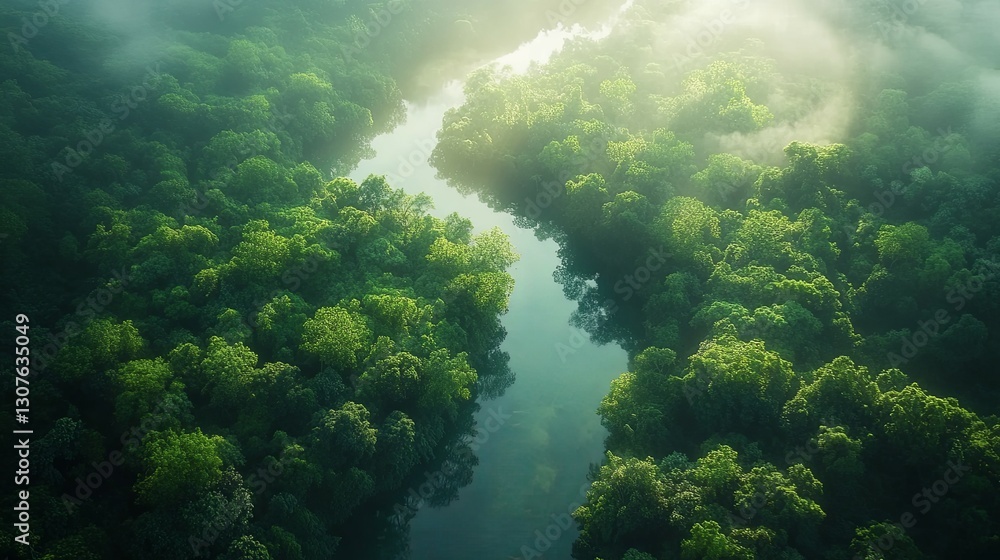 Serene River Winding Through Lush Green Rainforest: An Aerial View Serene River Winding Through Lush Green Rainforest: An Aerial View