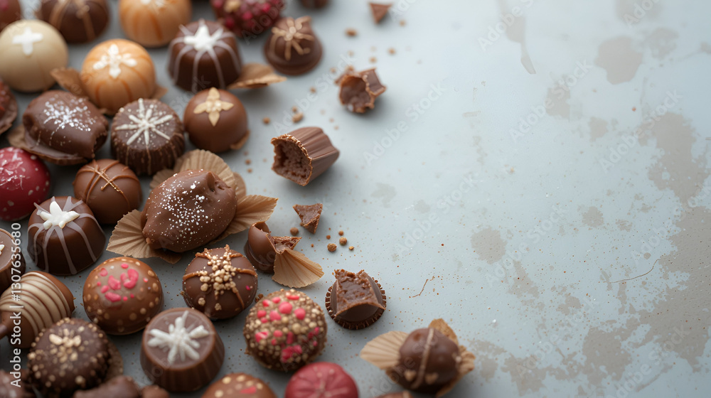 Delicious Swiss chocolate candies arranged in a tempting and visually appealing manner leaving ample copy space for any accompanying image Delicious Swiss chocolate candies arranged in a tempting and visually appealing manner leaving ample copy space for any accompanying image