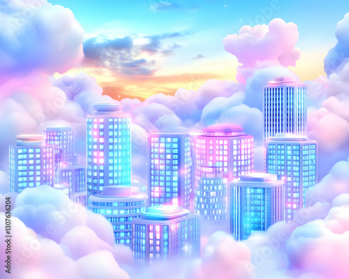 Cloud City Sunset Futuristic cityscape nestled in fluffy pastel clouds, perfect for fantasy or tech backgrounds