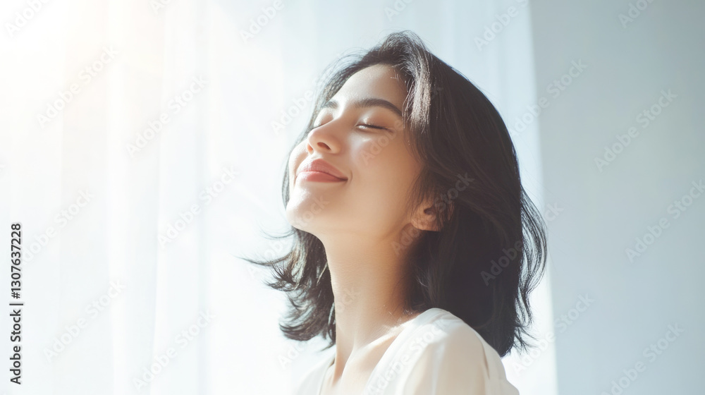 Young asian female enjoying sunlight with serene expression Young asian female enjoying sunlight with serene expression
