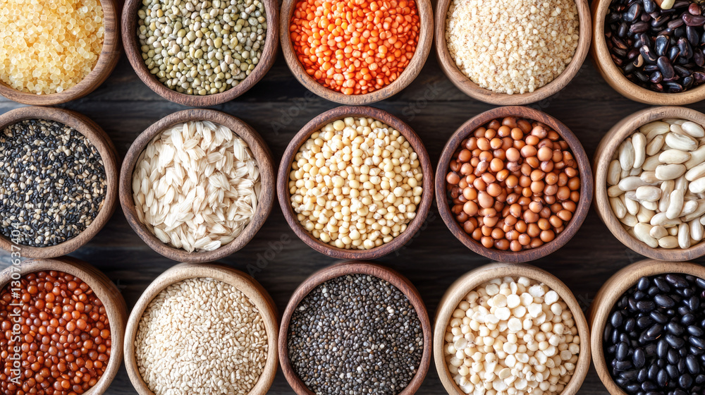 Assortment of various beans and grains in wooden bowls displayed on table Assortment of various beans and grains in wooden bowls displayed on table