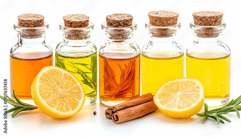 Colorful essential oil bottles sit with citrus, cinnamon, and herbs on white background, useful for aromatherapy Colorful essential oil bottles sit with citrus, cinnamon, and herbs on white background, useful for aromatherapy