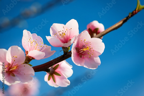 Fiori rosa di pesco in primo piano sul ramo si stagliano sul cielo azzurro