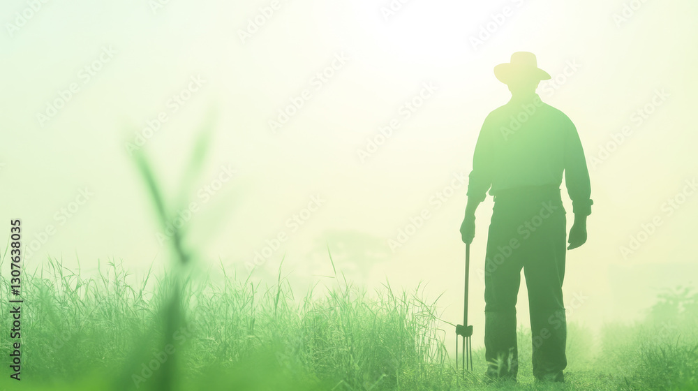 Silhouetted male farmer in field at sunrise holding hoe Silhouetted male farmer in field at sunrise holding hoe