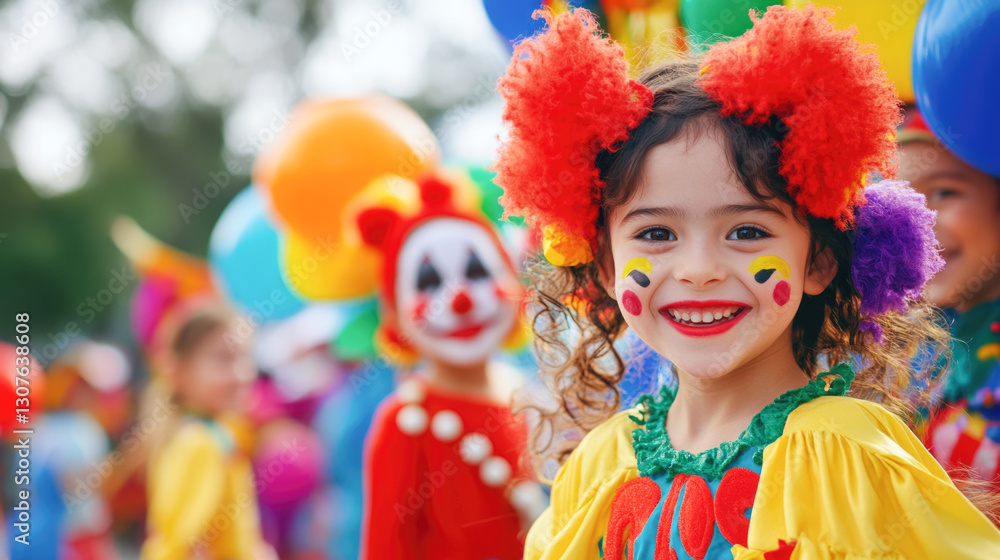Young caucasian girl dressed as clown with colorful costume and balloons at outdoor event Young caucasian girl dressed as clown with colorful costume and balloons at outdoor event