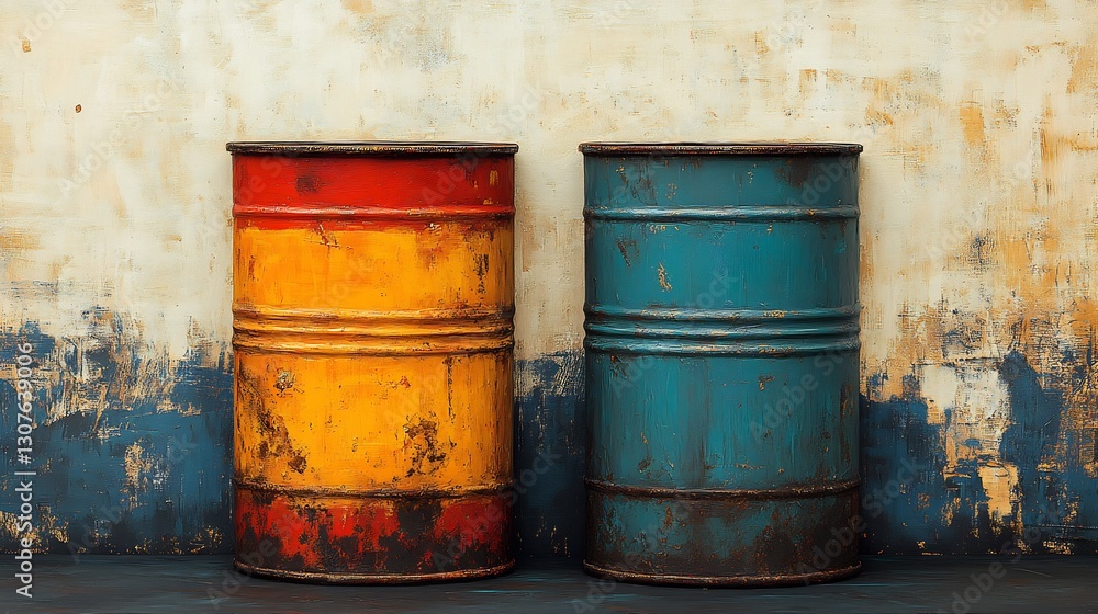 Fototapeta premium Rustic industrial barrels stand against weathered wall subtly lit. AI Generated