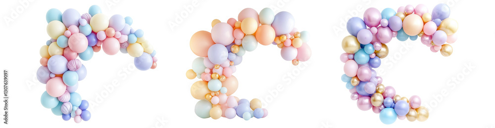 Pastel balloon garland and arch decoration isolated on white background elegant party backdrop floating balloons for wedding, baby shower celebration Pastel balloon garland and arch decoration isolated on white background elegant party backdrop floating balloons for wedding, baby shower celebration