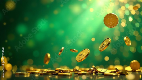 Abstract background in green, yellow and blue tones on the theme - Winning at the casino. Flying gold coins and fireworks.