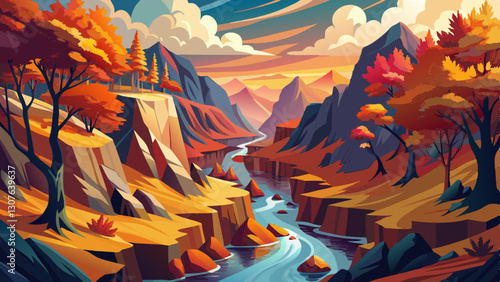 Behold resplendent spectacle of a ravine adorned in captivating hues of autumn, as fiery foliage dances in harmony with sinuous river, bearing witness 