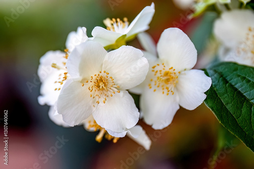 Close up photo White flowers of Philadelphus coronarius or sweet mock, fragrance and parfume, bush or small tree in the garden or landscape architecture design